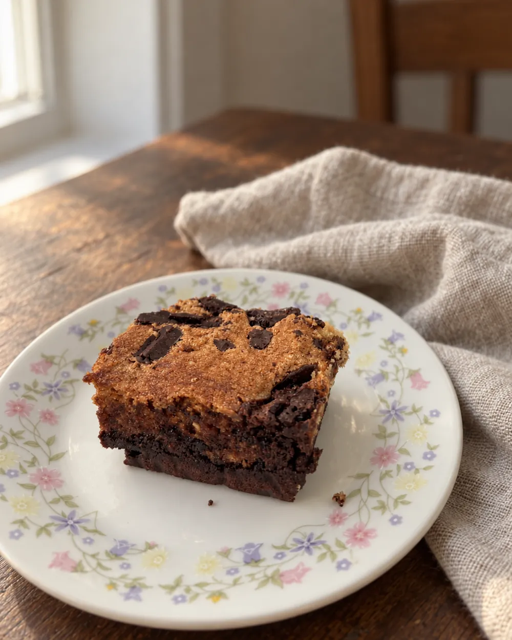 A fudgy chocolate brownie square on a floral plate