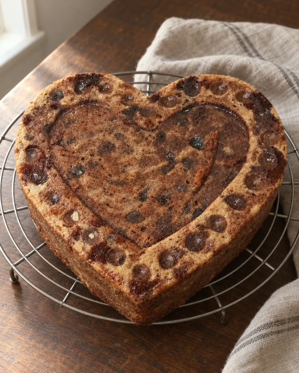 A heart-shaped chocolate chip cake on a cooling rack