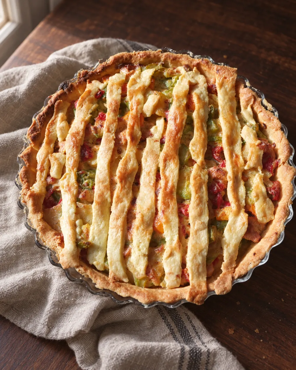 A savoury lattice-topped pie in a round tin