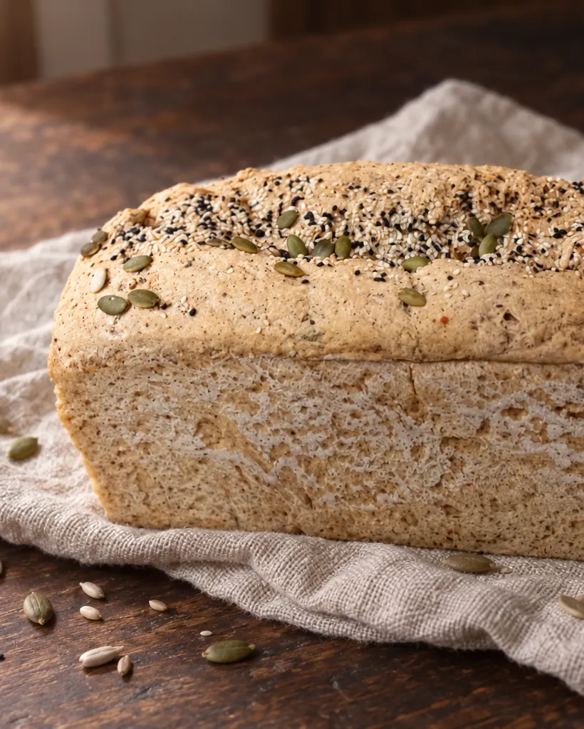 A multi-seed loaf of bread in its tin
